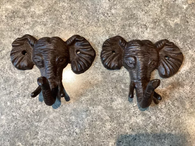 2 Cast Iron Wall Mount Elephant Head Hooks coat hat key ring bath towel rack