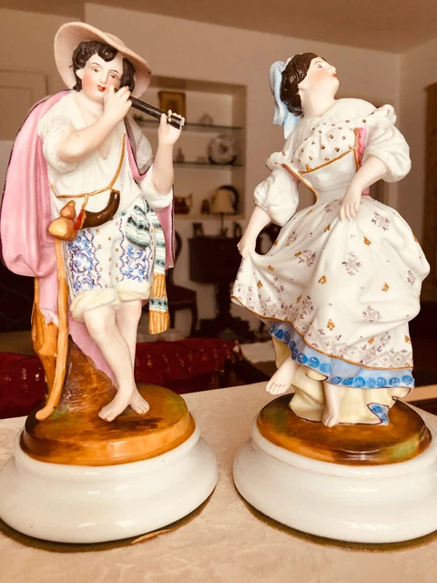 Antique  SUTHERLAND Staffordshire Bisque FIGURINES MUSICIAN & DANCER c1870