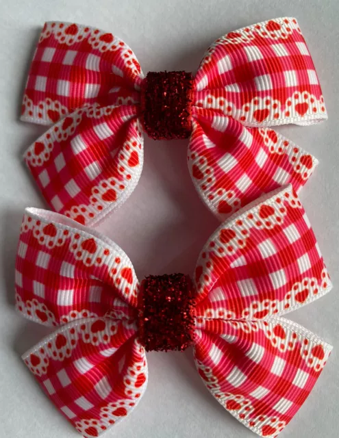 2 Girls School Red/ White  Gingham Handmade Ribbon Hair Bows / Clasps / Clips