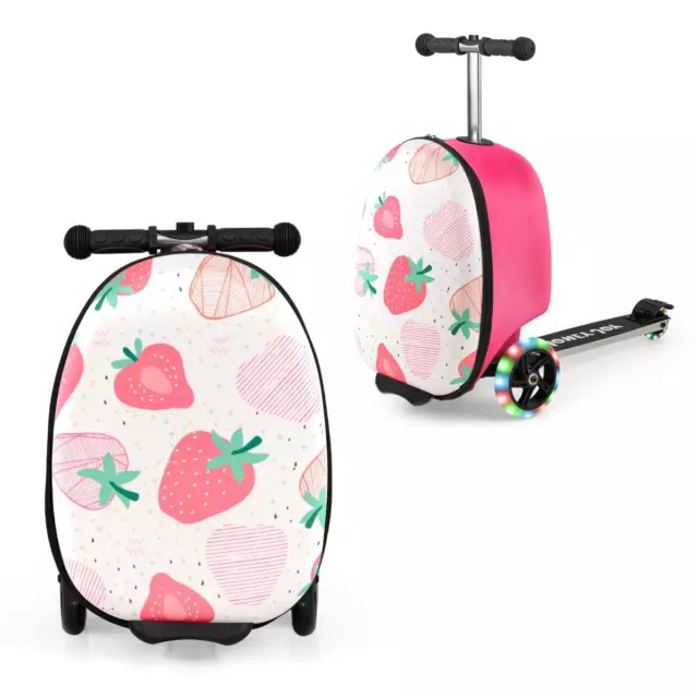 2-1 Kinderkoffer Und Scooter Mit LED Räder 26L Kindertrolley Mit Bremse Erdbeere