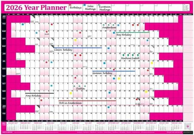 2026 WALL PLANNER Pink | Yearly Calendar 2026 for Students, Families
