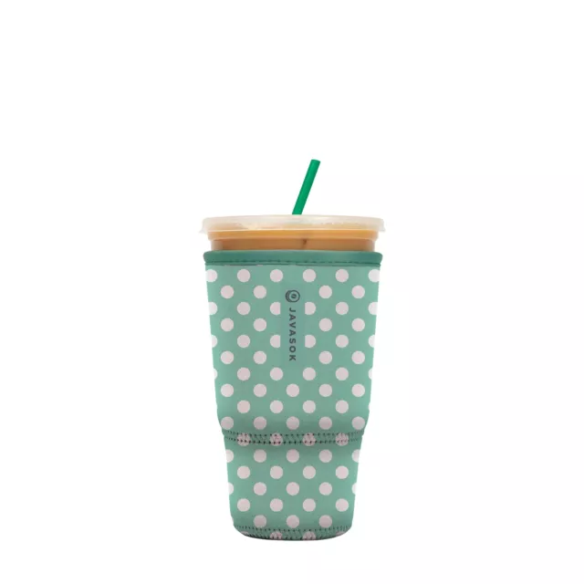 Java Sok Iced Coffee & Cold Soda Insulated Neoprene Cup Sleeve Teal Polkadots...