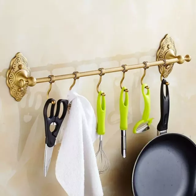 Antique Brass Carved Bathroom Single Towel Bar Swing Hanger Hook Wall Mounted
