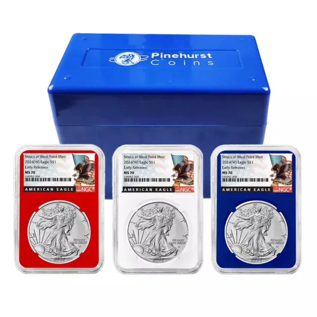 2024 (W) $1 American Silver Eagle 3pc Set NGC MS70 ER Black Label Red White Blue