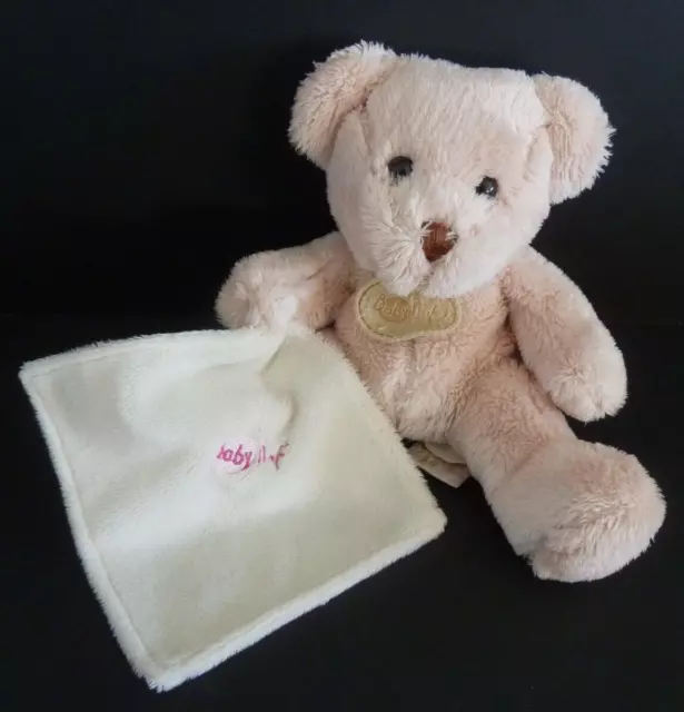 F2. DOUDOU PELUCHE BABY NAT OURS BEIGE mouchoir blanc brodé rose 20cm TTBE*