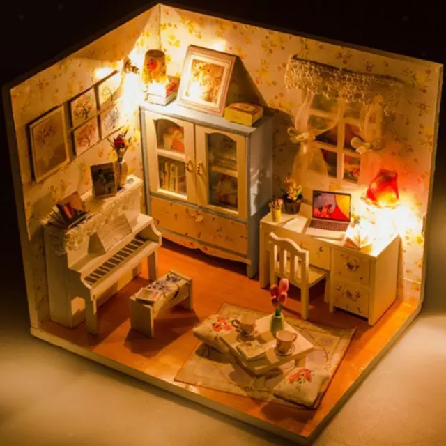 DIY Dolls House Kit Wood Miniature with Furniture LED Light Dust Proof Set