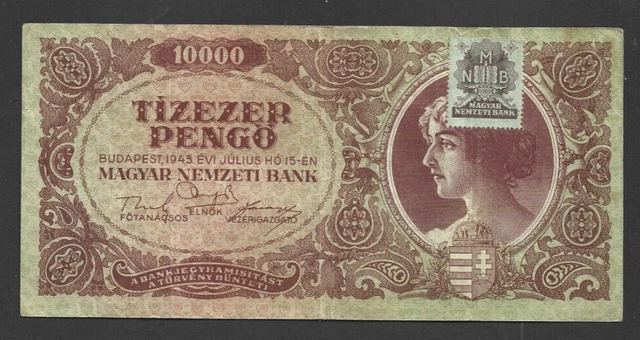 10 000 PENGO VERY FINE  BANKNOTE FROM  HUNGARY 1945 PICK-119b WITH STAMP
