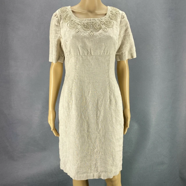 Carolle Little Women Dress Linen Embroidered  Short Sleeve Tan Sheath Sz 10