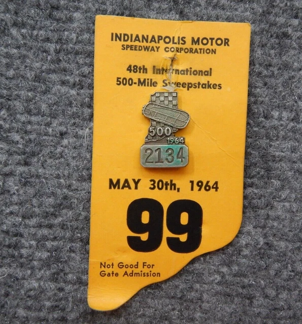 1964 Indy 500 bronze #2134 Pit Pass Pin Badge  with card - Rare !