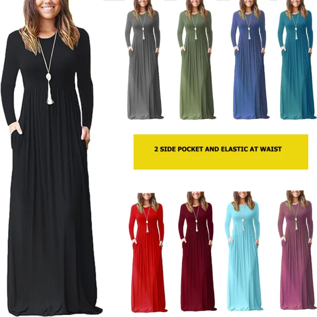 Women's Casual Long Sleeve Maxi Dress Loose Long Dresses With Pockets