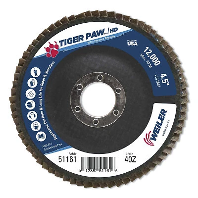 Tiger Paw™ Super High Density Flap Disc, 4-1/2 in Dia, 40 Grit, 7/8 in Arbor,