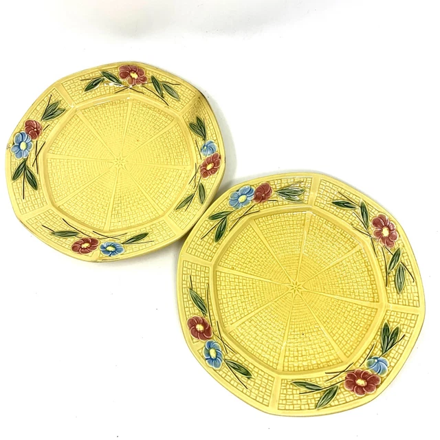 Majolica Plate German LDBC Salad Side Dessert Basket Weave Pattern Yellow 2pc 9"