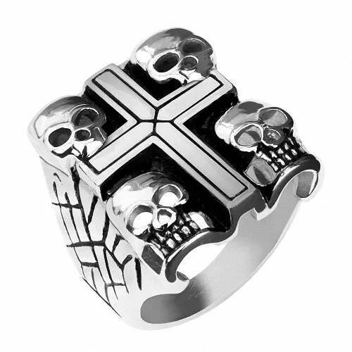 Tête de Mort Bague Avec Croix Rocker Motard Chevalière Inox Massif Gothique