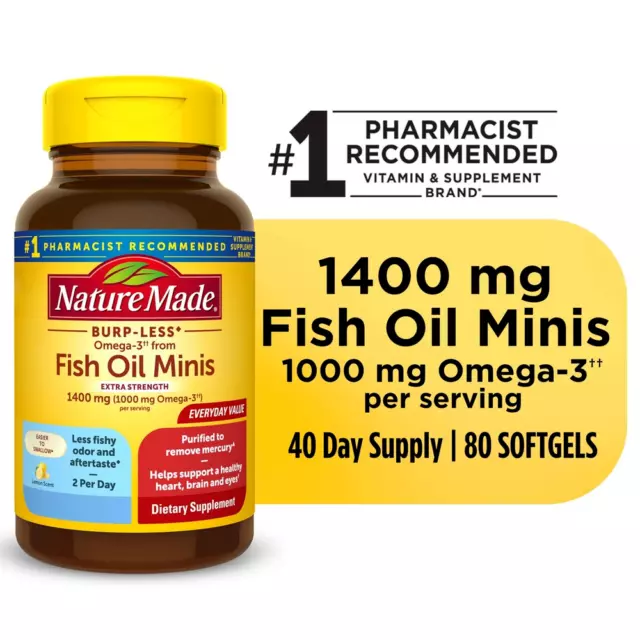 Nature Made Burp-Less Omega-3 from Fish Oil 1400 Mg Minis Softgels, 80 Count