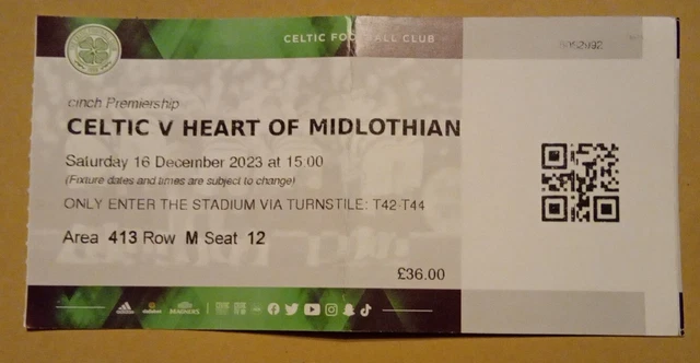 CELTIC FC V Heart of Midlothian FC 16/12/23 Match Ticket EUR 3,49