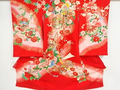 67650# Japanese Kimono / Antique Kimono / For Girls / Butterfly & Peony With