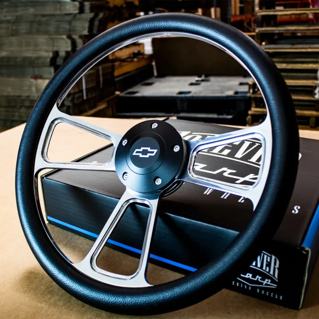 14" Billet Muscle Steering Wheel with Black Vinyl Wrap and Chevy Horn - 5 Hole