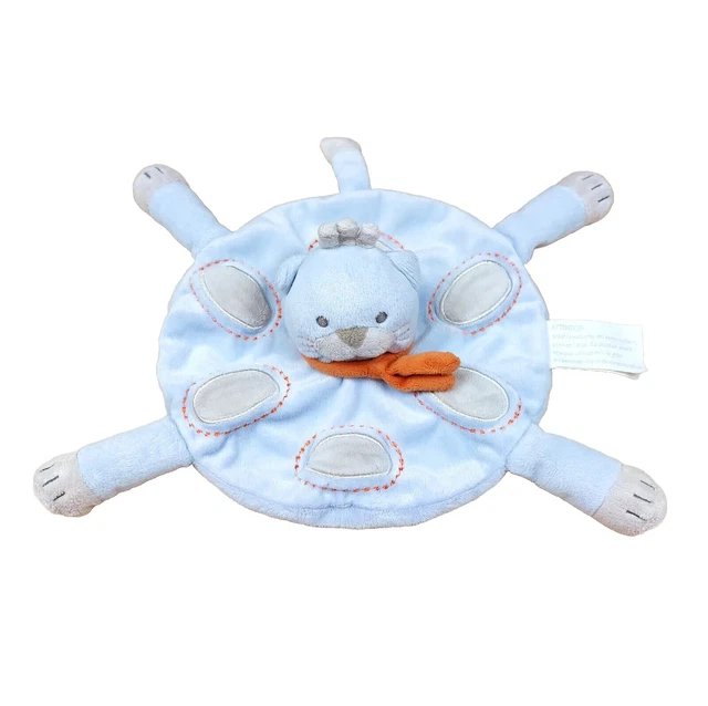 Doudou plat rond chat KIMBALOO LA HALLE bleu gris écharpe orange TBE