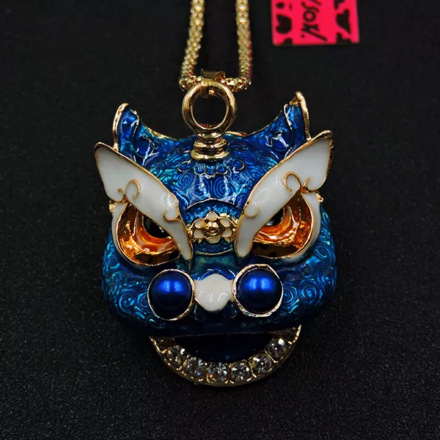 New Betsey Johnson Blue Enamel Crystal Lion Head Necklace Sweater Chain