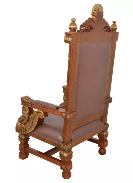 Hand Carved Mahogany Royal Griffin Leather Throne Chair Vintage Finish w Gold 3