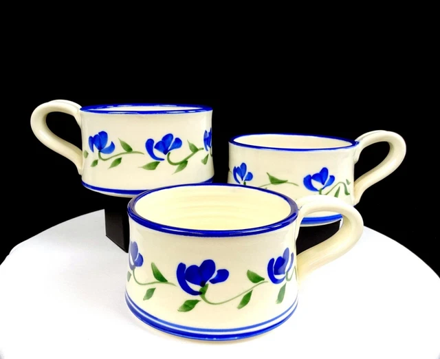 Studio Art Pottery Artist Signed Wheel-Thrown Blue Floral 3 Piece 3" Soup Cups