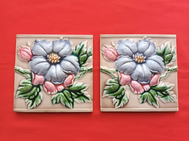 2 Pieces Old Art Flower Design Embossed Majolica Ceramic Tiles Japan 0244 3