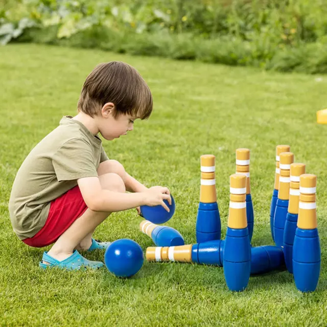 10x Wood Bowling Set Portable Family Fun Lawn Bowling and Skittle Ball Games