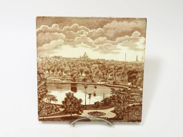 Rare Antique Brown Transferware Tile of Boston Public Garden Massachusetts