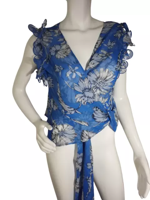 Amanda Uprichard Womens Blouse Blue Floral Ruffle Sleeve Chiffon Wrap Size Small 2