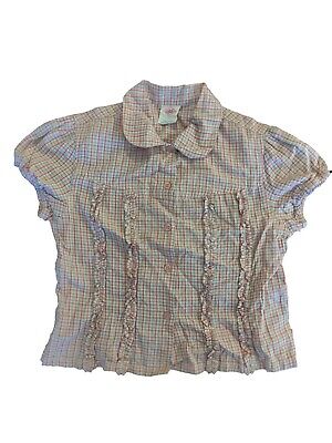 New OILILY Girls Checkered Short Sleeve Ruffled Cotton Blouse Shirt Top 140 9-10