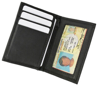 Black Leather Mens Bifold Wallet ID Badge 8 Card ID Holder Zip Pocket