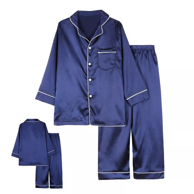 Kids Boys Girls Silk Satin Pajamas Long Sleeve Nightwear Winter Sleepwear Set US 3