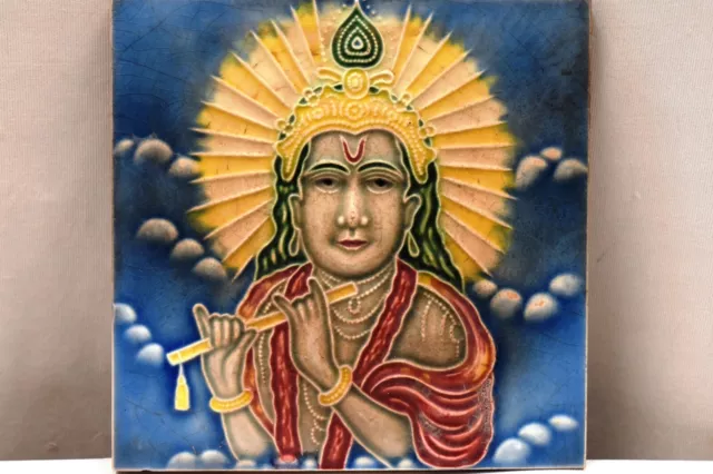 Ancien Carreau Art Nouveau Majolique Japon Lord Krishna Playing Le Flûte Porcel 3
