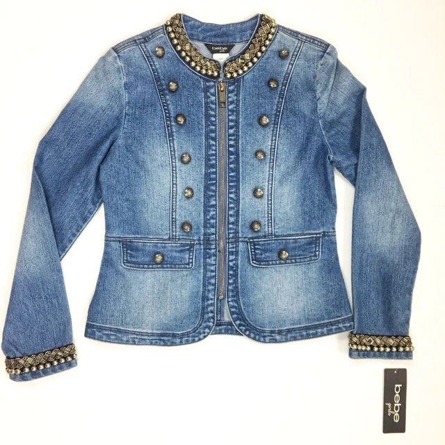 Bebe Girls Denim Beaded Embellished Military Jacket Size Large