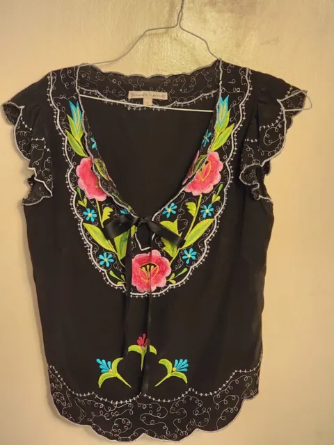 Nanette Lepore Embroidered Silk Blouse,Cap Sleeves NWOT,Sz 2,Beautiful!