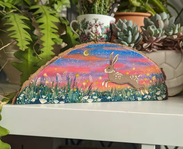 Original Hare Painting, Magic Hour Meadow, Art Ornament, Whimsical Animal Decor