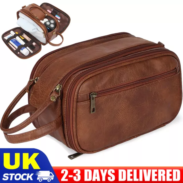 Travel Wash Bag Leather Toiletry Large Capacity Shaving Gym Makeup Bag Mens UK