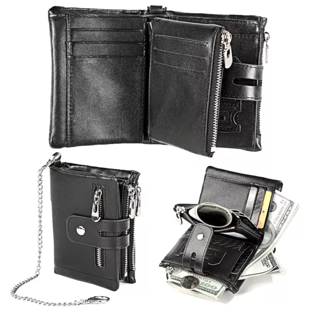 Mens Wallet Biker Trucker with Chain Bifold Genuine Leather Card Holder Pocket