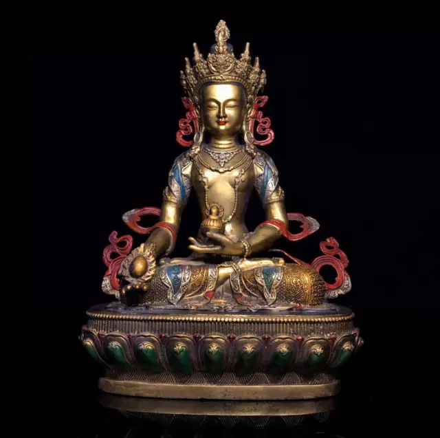 30CM Old Chinese Bronze Color Gilding Statue Buddha Q677