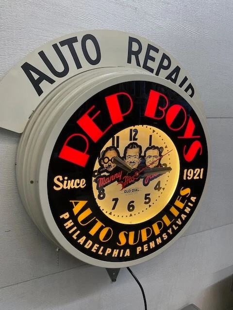 PEP BOYS  Neon  Clock, Almond Body, By Curtis.  22" Body,  10" Face.