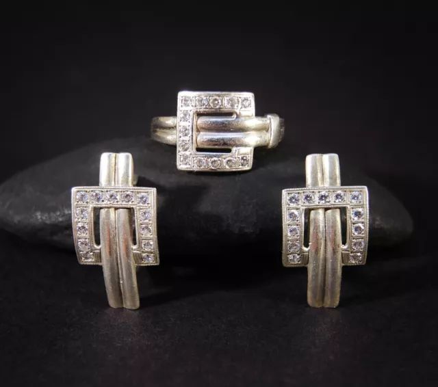 Jewelry sterling silver set: Geometric belt buckle earrings and ring with stones