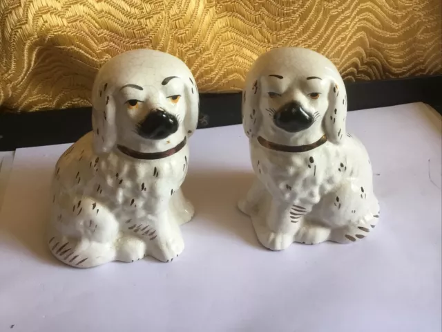 Pair Of Mini Antique Staffordshire Pottery King Charles Dogs