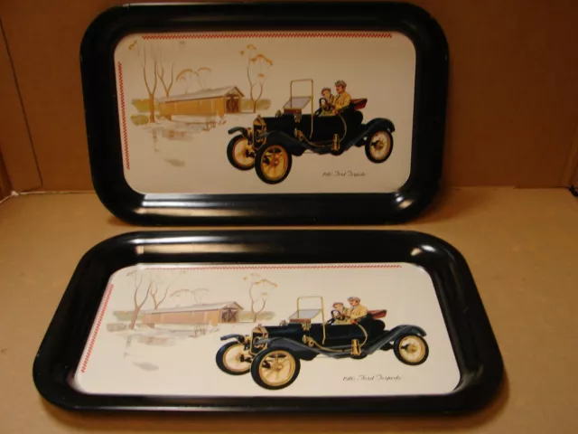 2 Vintage Metal TV Trays Showing 1910 Ford Torpedo The Dugout, Oakland, Nebraska