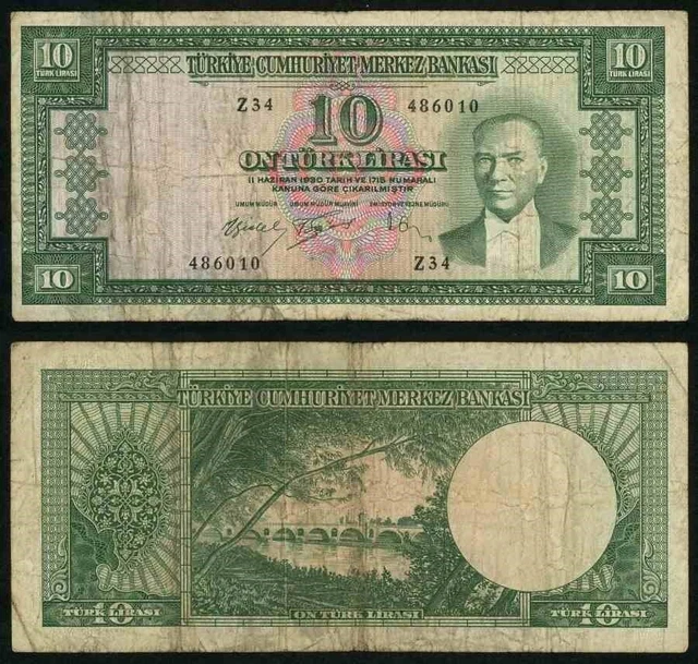 L. 1930 Turkey Central bank Currency Ten Liras Banknote Kamal Ataturk Pick #159a