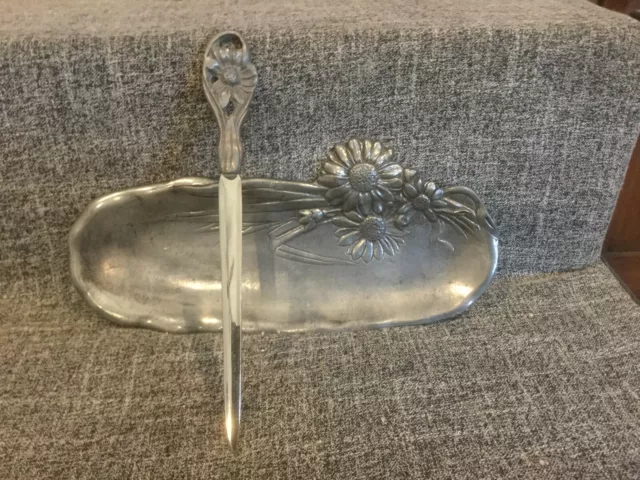 French Art Nouveau style pewter pen tray and letter opener with pewter stamp