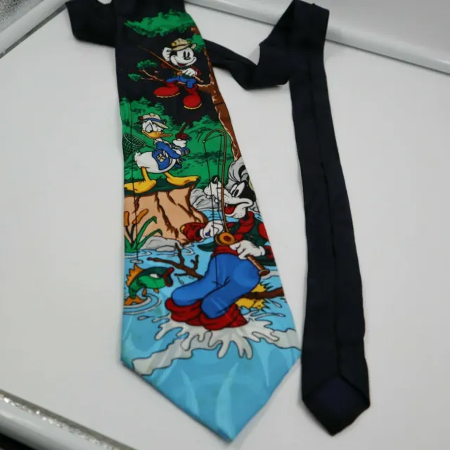 The Disney Store Suit Neck Tie Mickey Goofy Donald Fishing 100% Silk