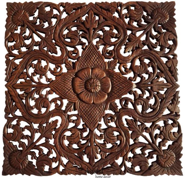 Asian Carved Wood Wall Decor Plaque. Floral Wood Wall Art Panel. Dark Brown 24"