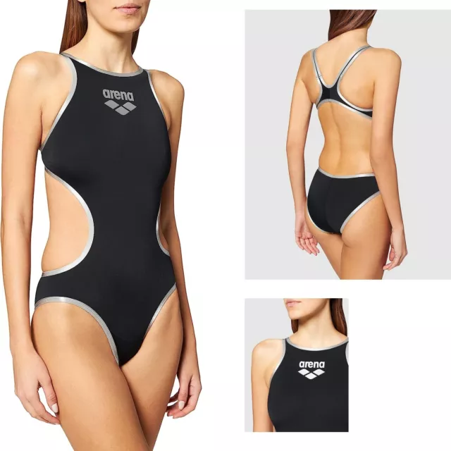 BNWT - Women's Arena One Piece Black/Silver Swimsuit Swimming Costume - Size 30