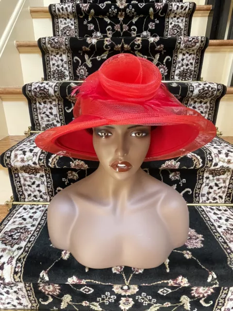 Ladies Red Feathers & Flower Brim Wool Felt Dress Hat - ELEGANT RED HAT SOCIETY