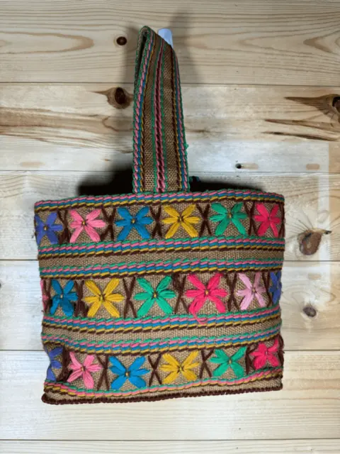 Crewel Multicolor Bordado Floral Arpillera Bolso de Hombro Tejer De Colección Handma